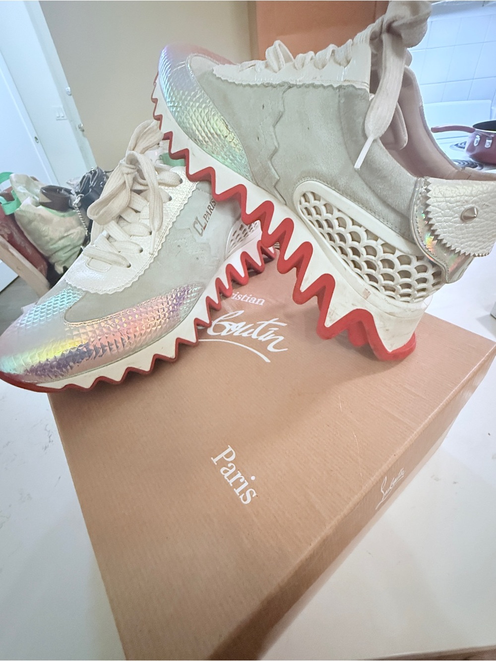 Christian Louboutin Iridescent Multicolor and Red-Zigzag Sole Sneakers